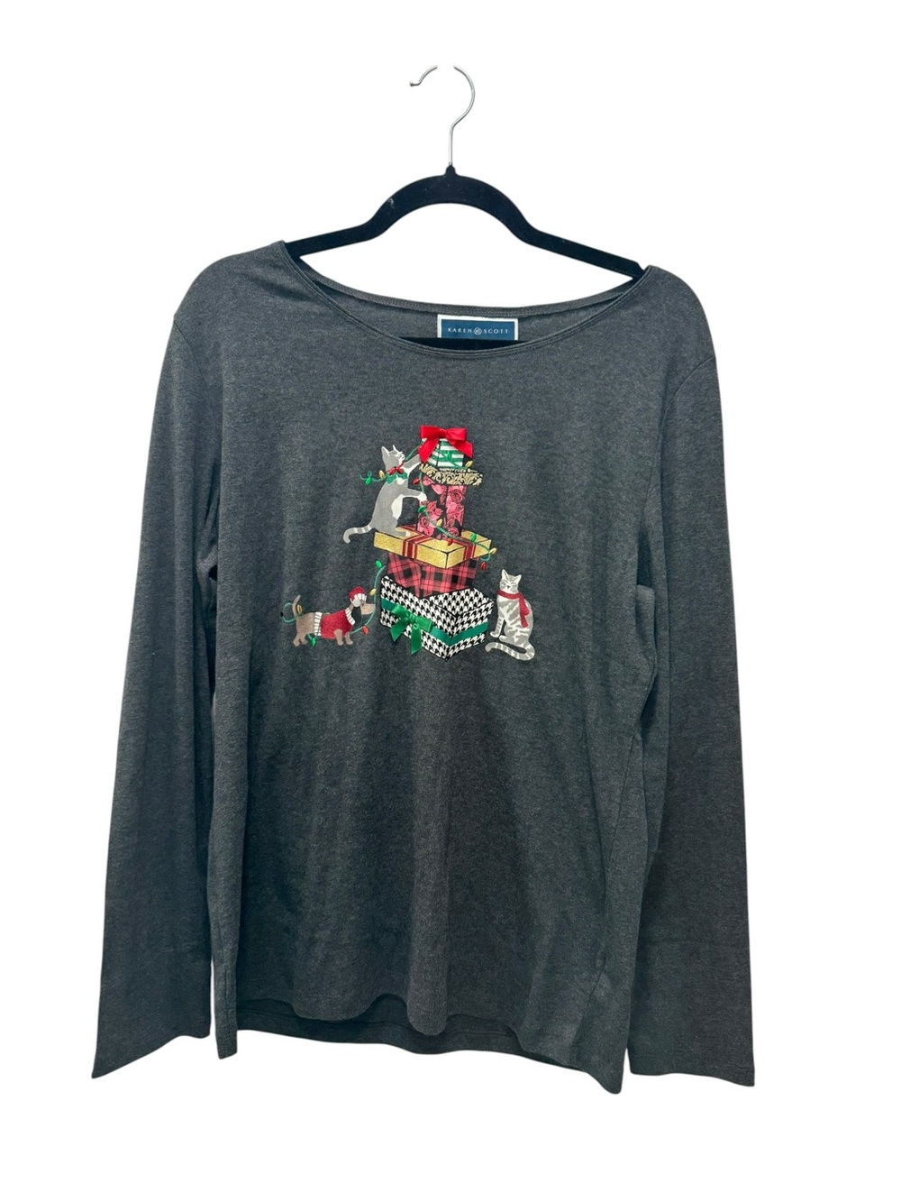 Karen Scott Charcoal Gray Holiday Cat & Dog Long Sleeve Top. Size Large. NWT